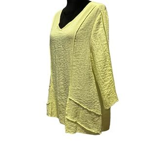 Lulu-B Yellow Tunic Top Lightweight Crinkle V-Neck 3/4 Sleeves Loose Shirt